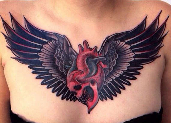 Angel Winged Human Heart Tattoo On Chest