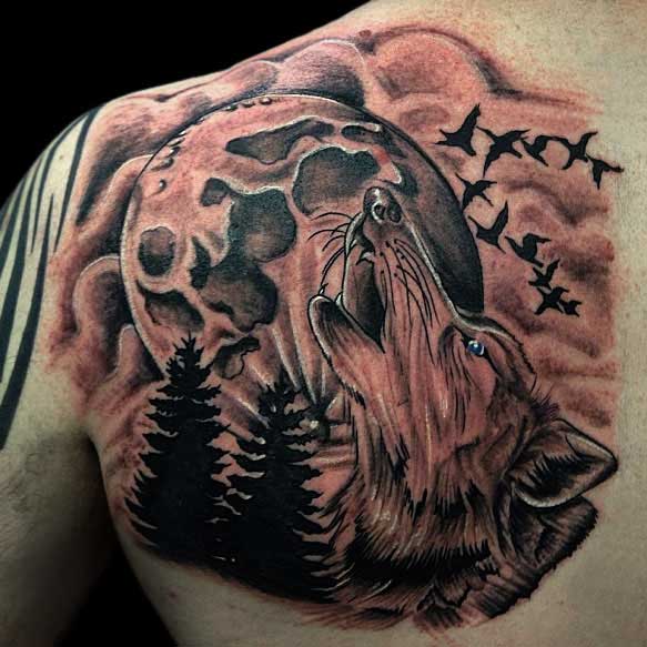 Angry Wolf And Full Moon Tattoo On Back Shoulder