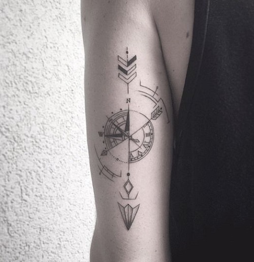 Aroow And Compass Tattoo On Bicep