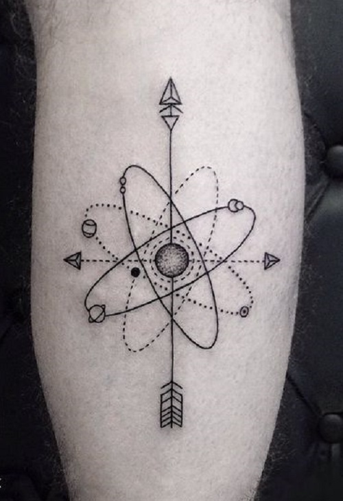 Arrow And Compass Tattoo On Back Leg