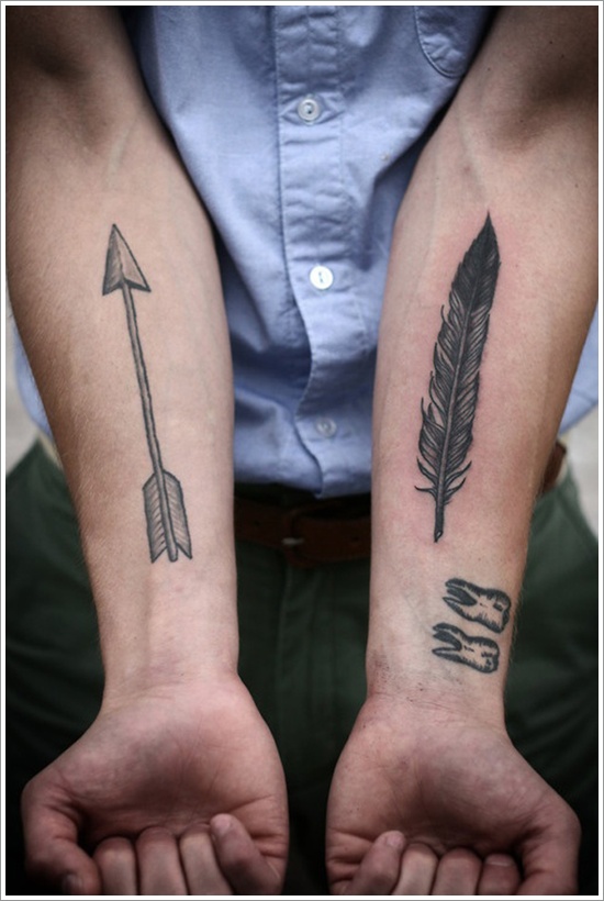 Arrow And Feather Tattoos On Both Forearms
