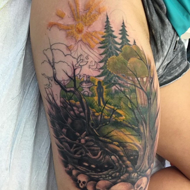 Ash Tree Tattoo On Right Thigh