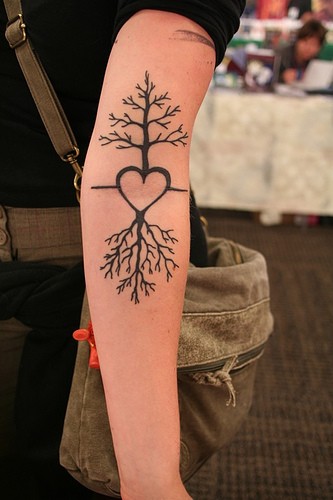 Ash Tree With Heart Roots Tattoo On Left Sleeve