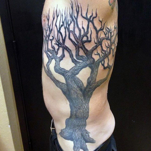 Autumn Oak Tree Tattoo On Man Left Side Rib