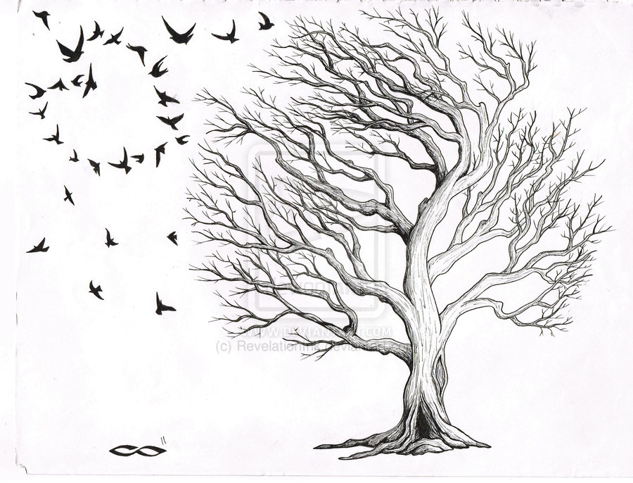 Awesome Black Flying Birds And Autumn Oak Tree Tattoo Design