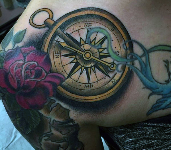 Awesome Compass And Rose Tattoo On Back Shoulder