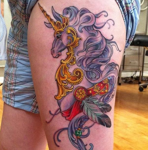 Awesome Feminine Unicorn Tattoo On Man Left Thigh