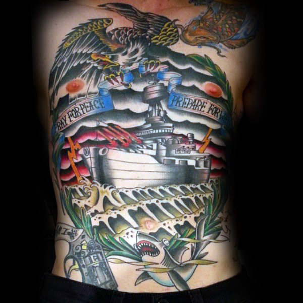 Awesome Flying Eagle And Shark Navy Tattoo On Full Back