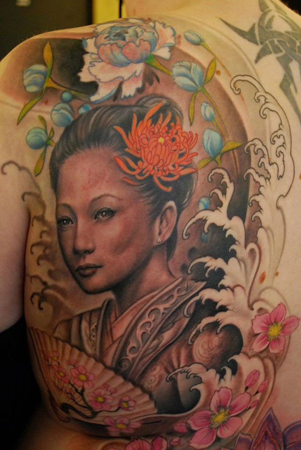 Awesome Geisha Girl Tattoo On Left Back Shoulder