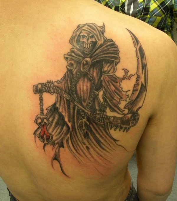 Awesome Grey Grim Reaper Tattoo On Man Right Back Shoulder