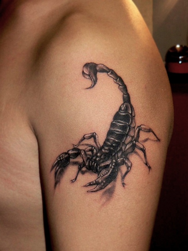 Awesome Grey Scorpion Tattoo On Man Left Shoulder