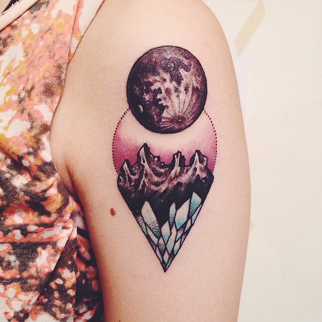 Awesome Moon And Diamond Tattoo On Left Shoulder