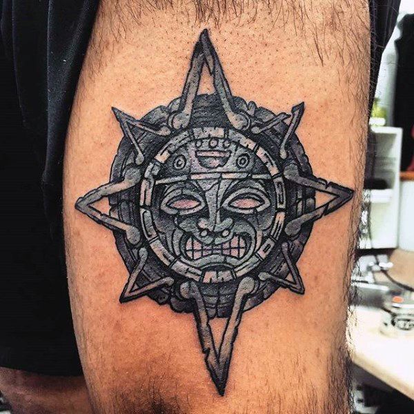 Aztec Sun Tattoo On Side Leg