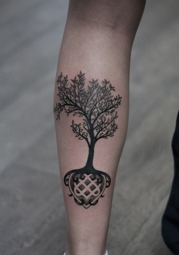 Back Leg Grey Ink Celtic Roots Tree Tattoo
