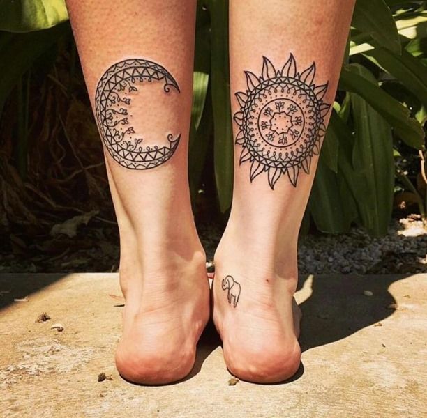 Back Leg Moon and Sun Tattoos Ideas