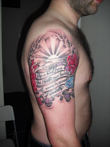Banners And Rising Sun Tattoo On Man Right Shoulder