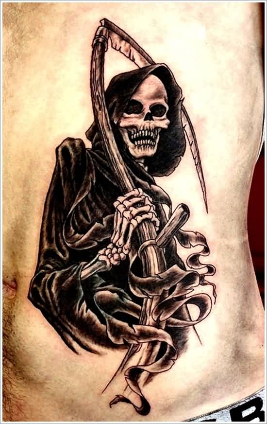 Banners and Grim Reaper Tattoo On Man Side Rib