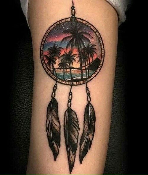 Beautiful Beach View Palm Trees In Dreamcatcher Tattoo On Left Bicep