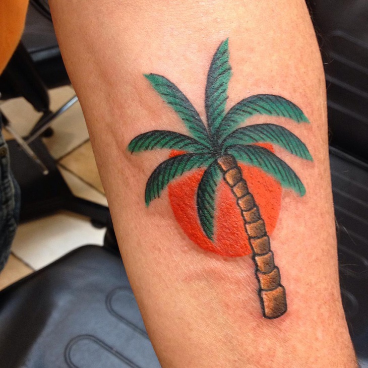 Beautiful Colored Palm Tree Tattoo On Arm Sleeve