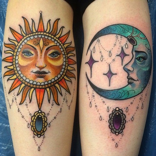 Beautiful Colored Sun And Moon Tattoos On Both Legs