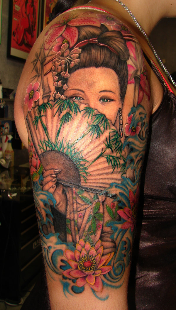 Beautiful Flowers And Geisha Tattoo On Right Half Sleeve
