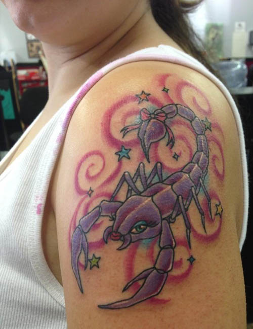 Beautiful Girly Scorpion Tattoo On Left Shoulder