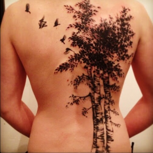 Birch Tree And Birds Flying from Tree Tattoo On Back