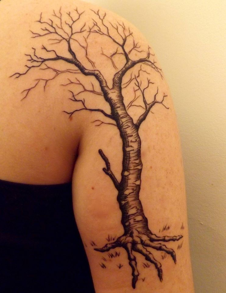 Birch Tree Tattoo On Girl Right Shoulder