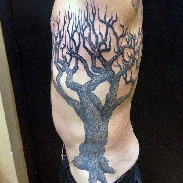 Birch Tree Tattoo On Man Left Rib Side