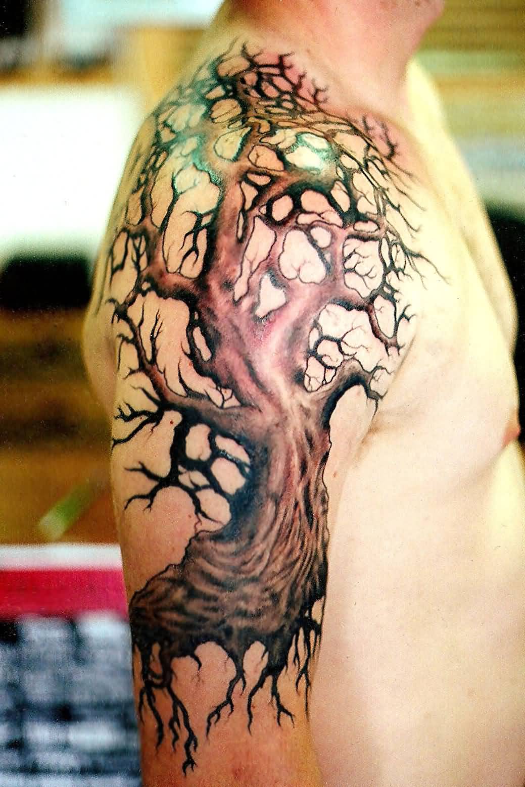 Birch Tree Tattoo On Man Right Shoulder