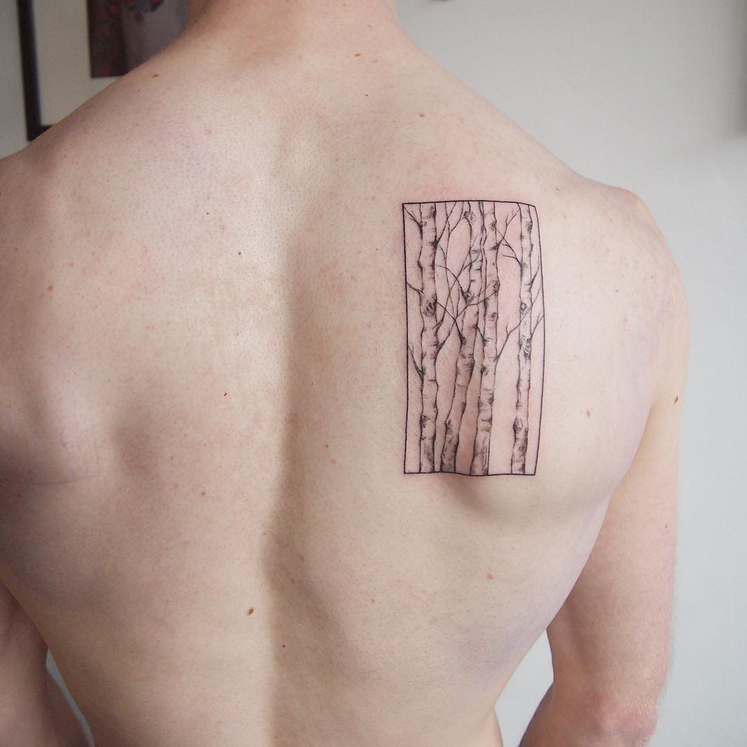Birch Tree Tattoos On Man Back Shoulder