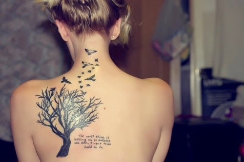Birds Flying From Ash Tree Tattoo On Girl Left Back Shoulder