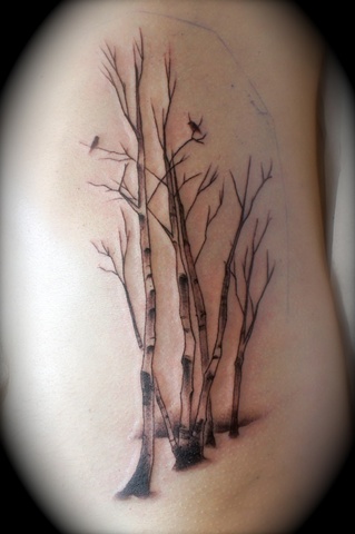 Birds Sit On Birch Tree Tattoo