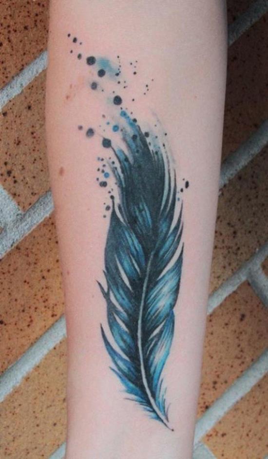 Black And Blue Feather Tattoo On Right Forearm