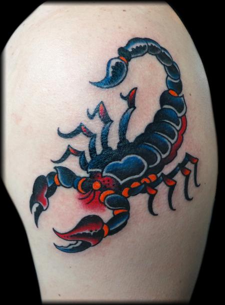 Black And Blue Girly Scorpion Tattoo On Left Shoulder