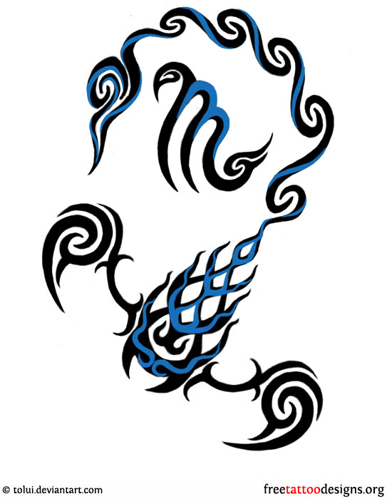Black And Blue Tribal Zodiac And Scorpion Tattoo Design