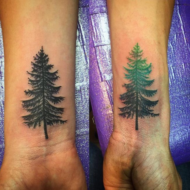 Black And Green Pine Tree Tattoos On Forearm