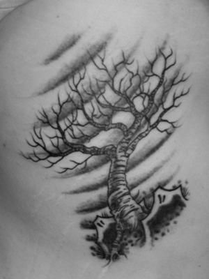 Black And Grey Birch Tree Tattoo On Side Rib