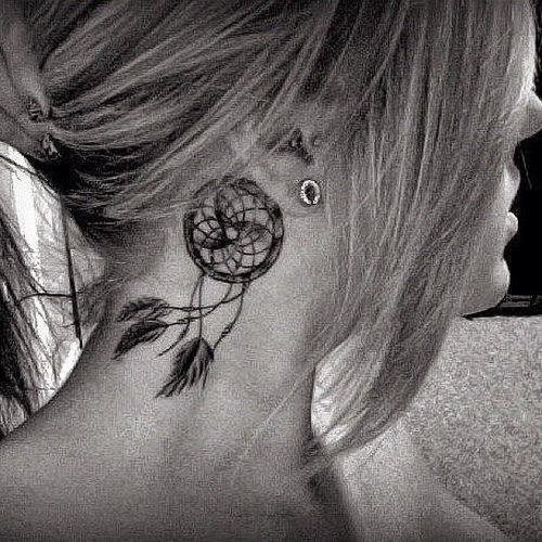 Black And Grey Dreamcatcher Tattoo On Girl Side Neck