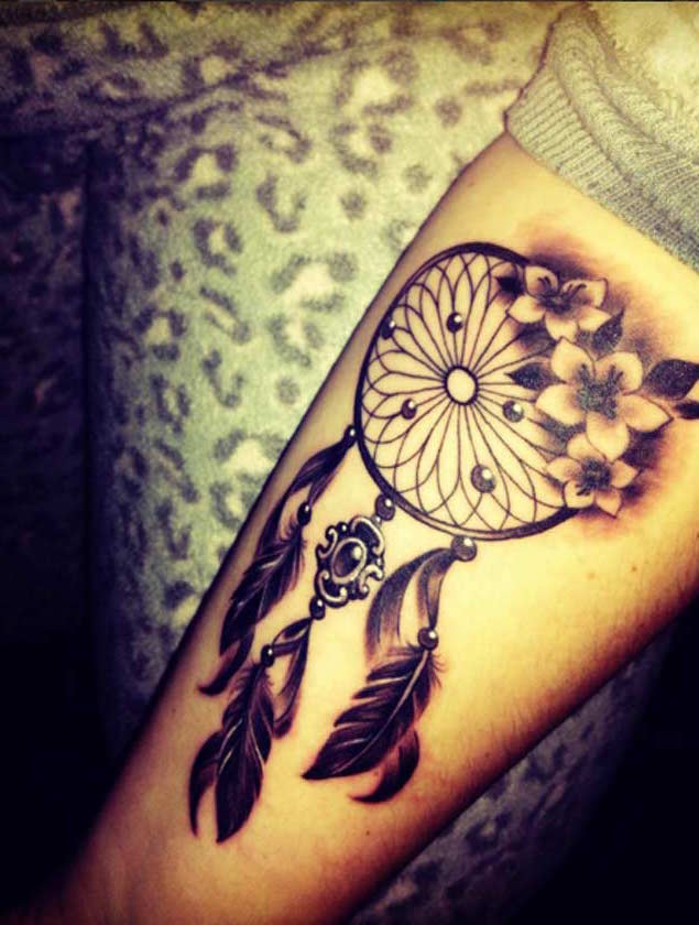 Black And Grey Dreamcatcher Tattoo On Right Forearm
