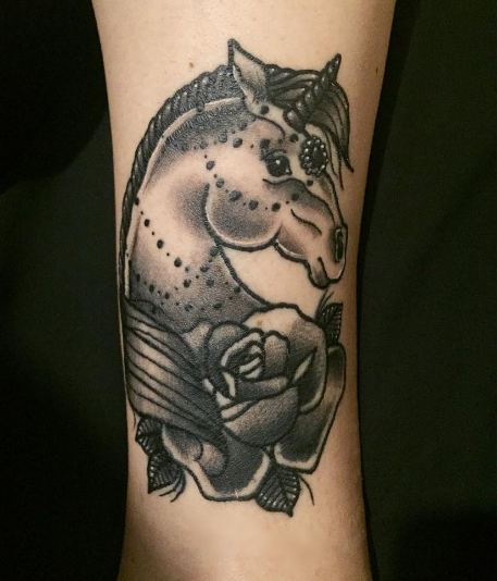 Black And Grey Feminine Unicorn Tattoo On Sleeve