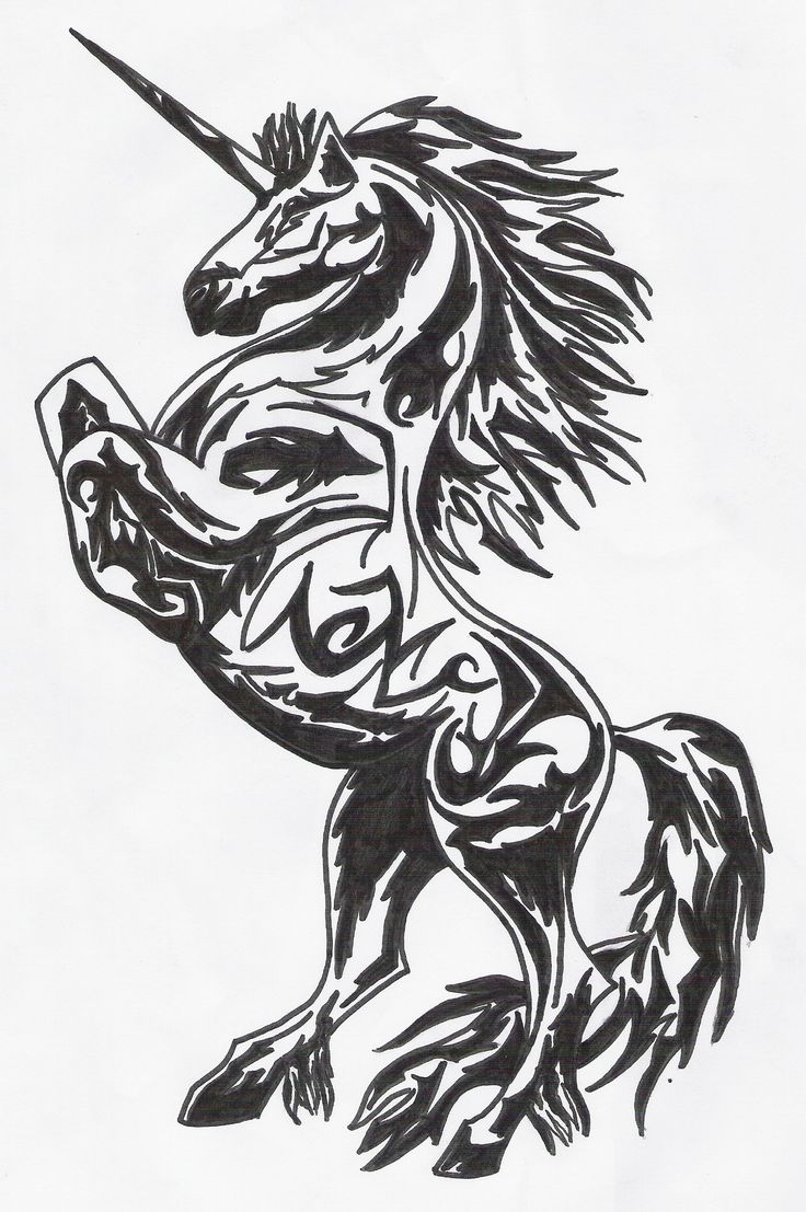 Black And Grey Gothic Unicorn Tattoo Design.