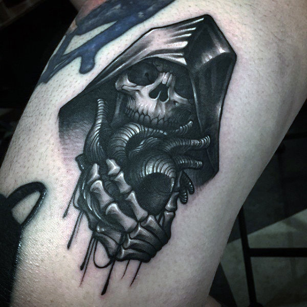 Black And Grey Grim Reaper Skull Tattoo