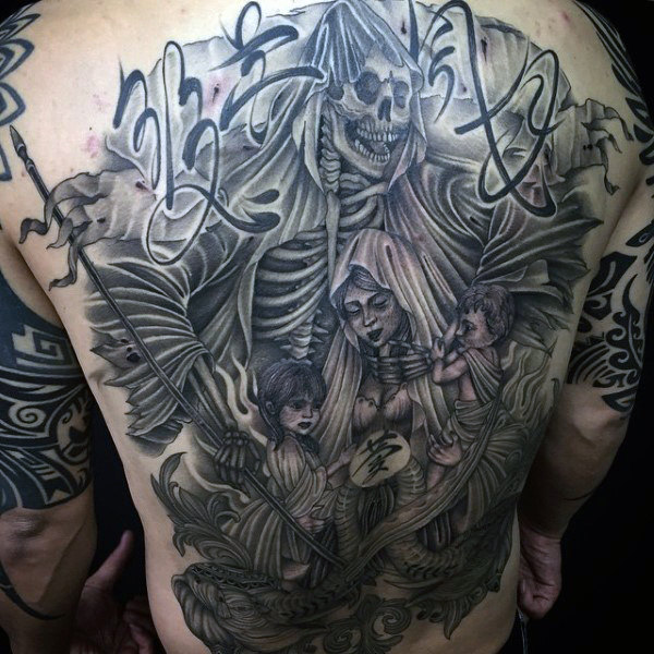 Black And Grey Grim Reaper Tattoo On Man Full Back
