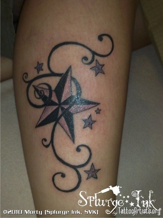 Black And Grey Nautical Star Tattoo On Side Leg