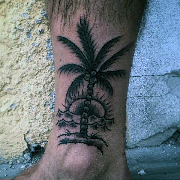 Black And Grey Palm Tree Tattoo On Ankle For Men