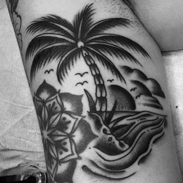 Black And Grey Palm Tree Tattoo On Bicep