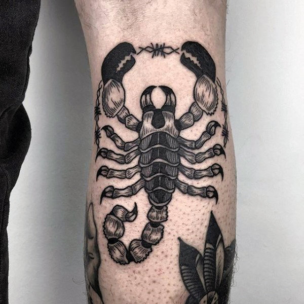 Black And Grey Scorpion Tattoo On Back Leg