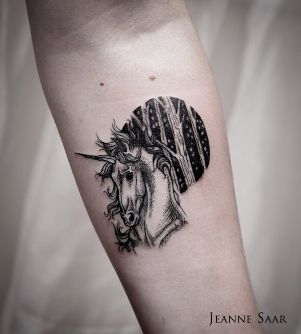 Black And Grey Unicorn Head Tattoo by Jeanne Saar
