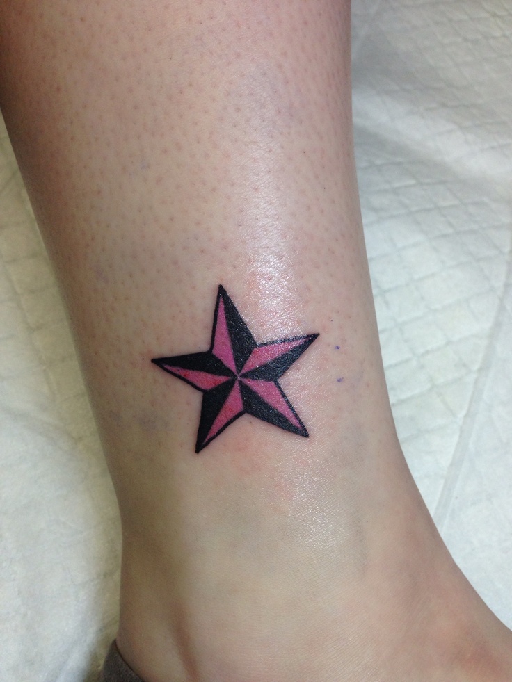 Black And Pink Nautical Star Tattoo On Side Leg